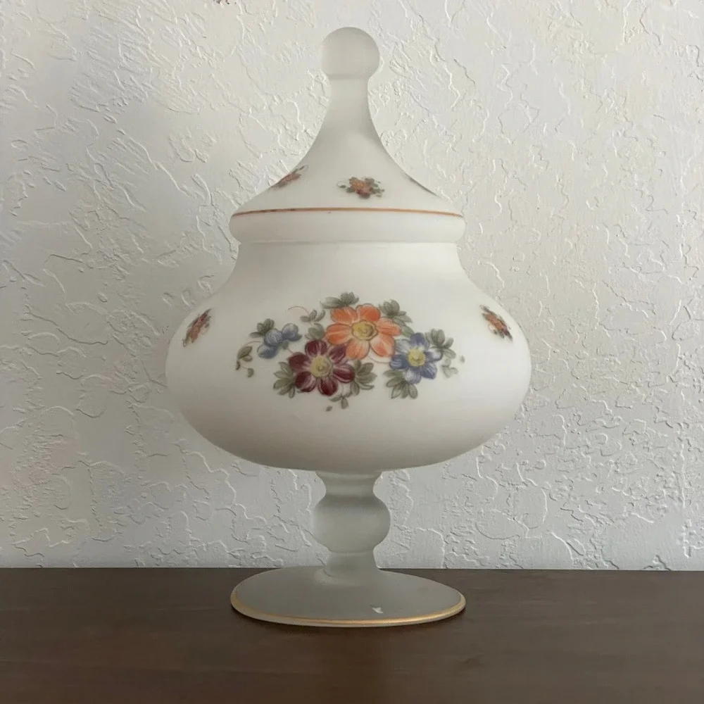 Vintage Norleans Frosted Satin Candy Dish Floral Jar Lidded‎ Hand painted